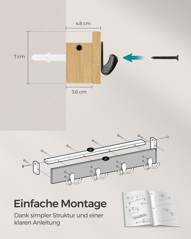 Songmics Επιτοίχια Ξύλινη Κρεμάστρα από Μπαμπού με 4 Μεταλλικούς Γάντζους και Ράφι - Natural Beige - LCR006N01