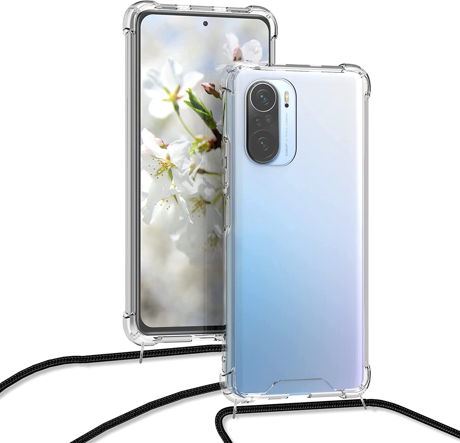 KW Xiaomi Poco F3 / Mi 11i Θήκη Σιλικόνης TPU με Λουράκι - Διάφανη / Black - 54734.01