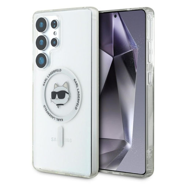Karl Lagerfeld Samsung Galaxy S25 Ultra - Button Choupette Head Printed Logo - MagSafe Σκληρή Θήκη με Πλαίσιο Σιλικόνης - White - KLHMS25LHLSCHH