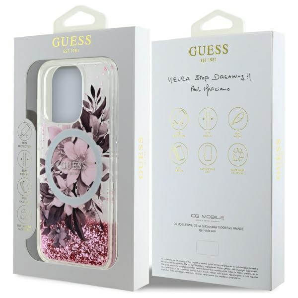 Guess iPhone 16 Pro - Liquid Glitter Flower MagSafe - Σκληρή Θήκη με Πλαίσιο Σιλικόνης - Διάφανη - GUHMP16LLFMWTP