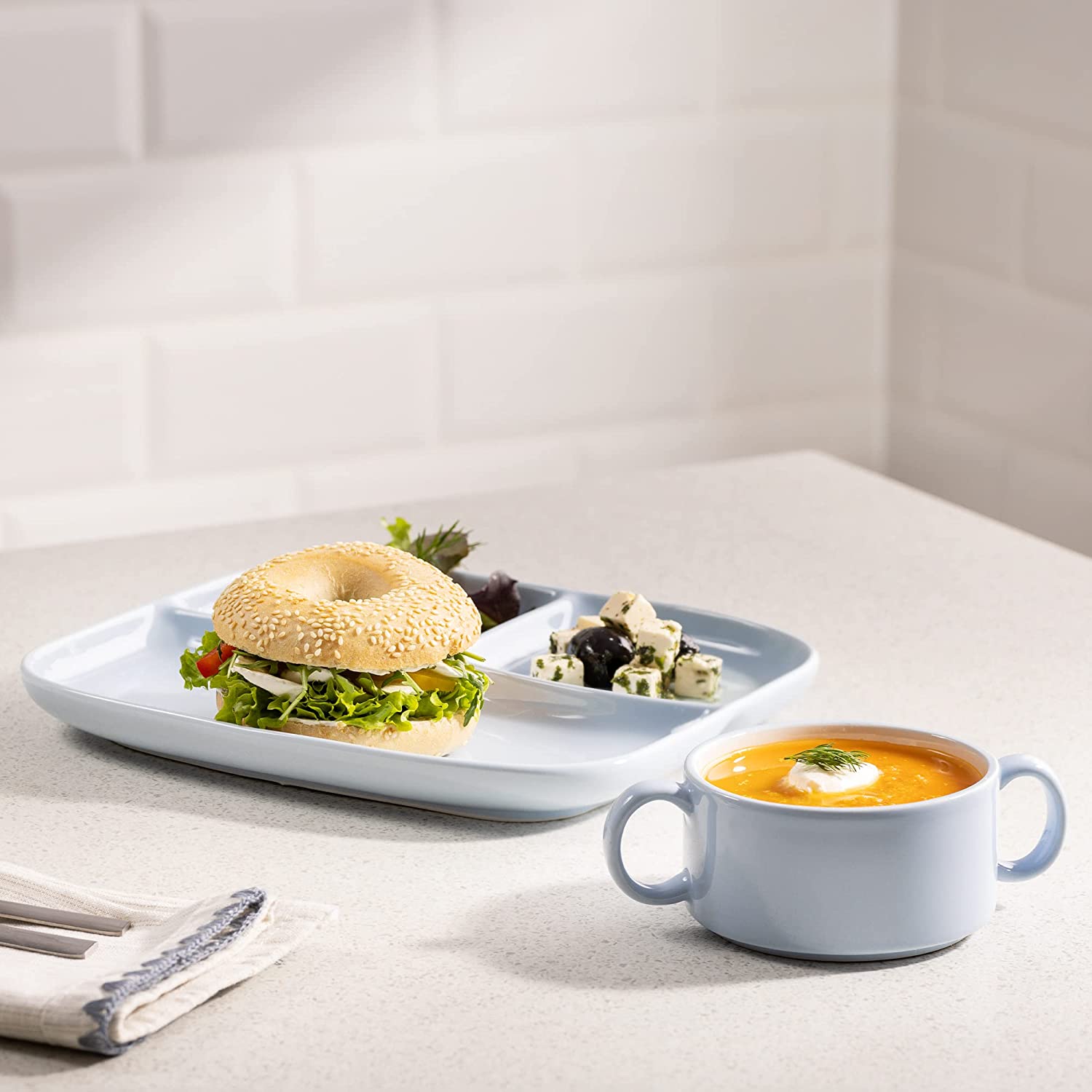 Navaris Σετ με Κεραμικό Μπολ και Πιάτο με Διαχωριστικά - Baby Blue - 58505.01