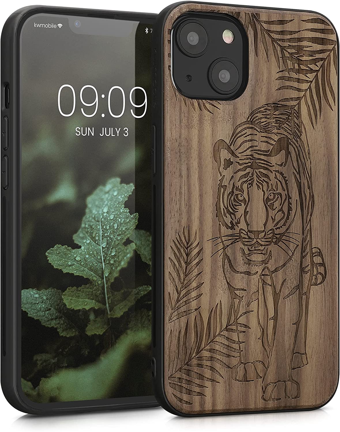KW iPhone 13 Θήκη από Φυσικό Ξύλο - Design Tiger Palm Trees - Dark Brown - 55953.12