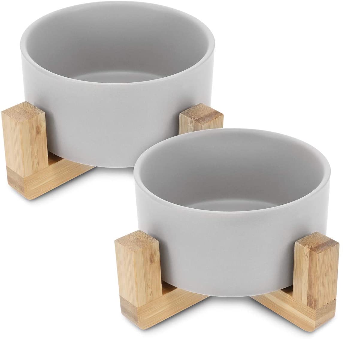 Navaris Cat Bowls with Wood Stands - Σετ με 2 Μπολ Φαγητού και Νερού 550ml με Βάση από Μπαμπού για Κατοικίδια - Grey / Brown - 48350.1.22
