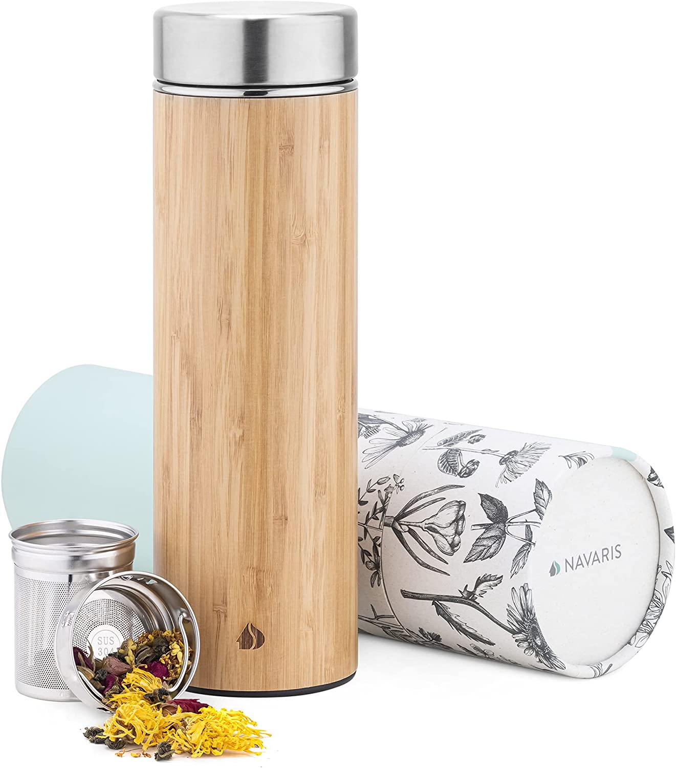 Navaris Tea Bottle Μπουκάλι Τσαγιού από Μπαμπού και Ανοξείδωτο Ατσάλι - 500ml - Mint Green - 54268.2.71