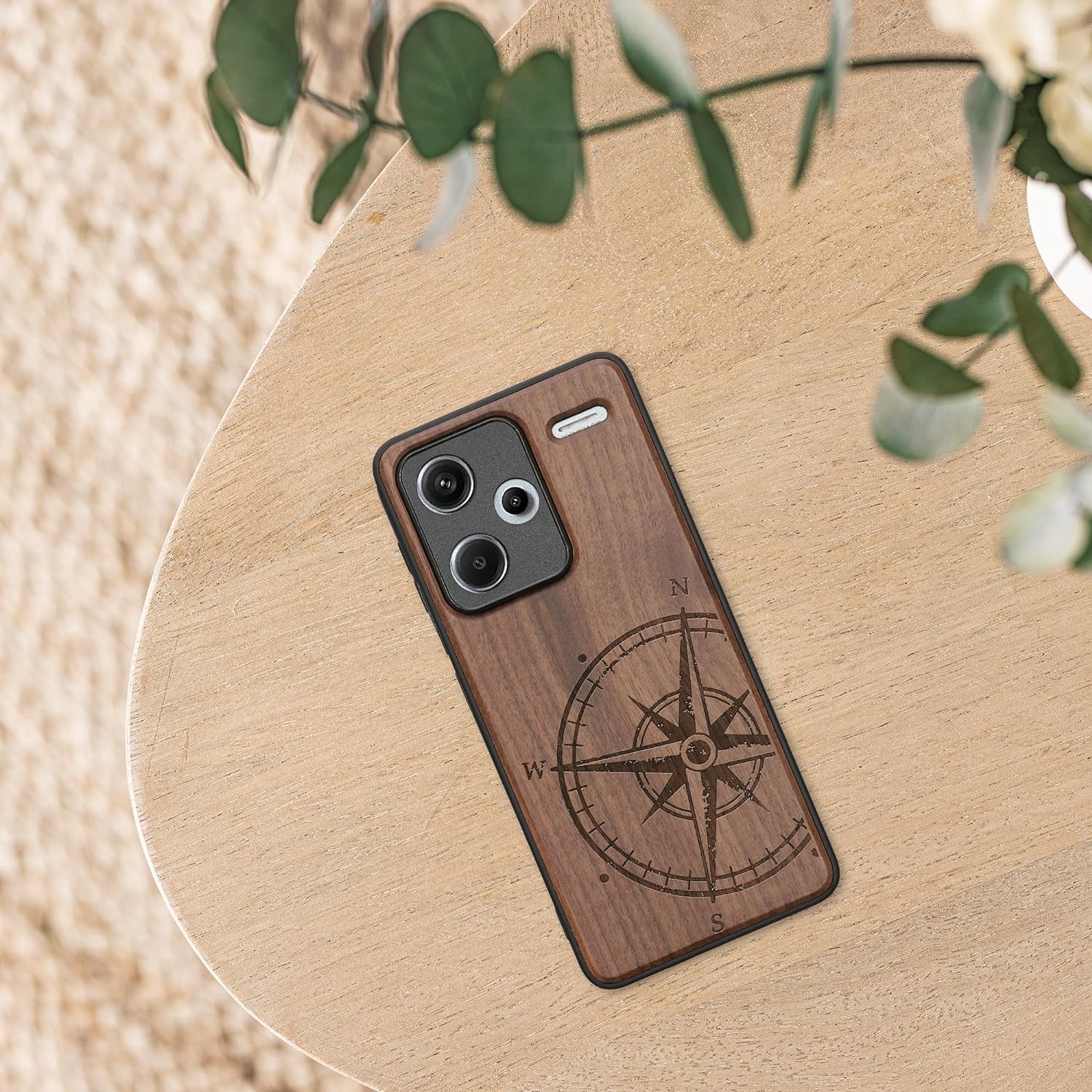 KW Xiaomi Redmi Note 13 Pro+ 5G Θήκη από Φυσικό Ξύλο - Design Navigational Compass - Dark Brown