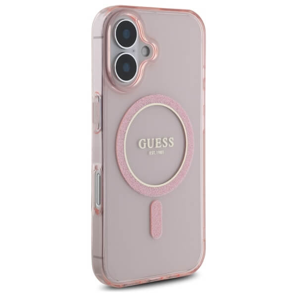 Guess iPhone 16 - IML Glitter Circle MagSafe - Σκληρή Θήκη με Πλαίσιο Σιλικόνης - Pink - GUHMP16SHFGEREP