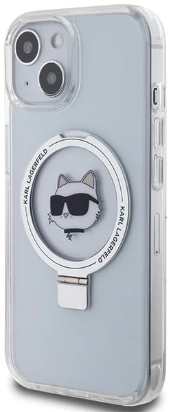 Karl Lagerfeld iPhone 15 Ring Stand Choupette Head MagSafe Σκληρή Θήκη με Πλαίσιο Σιλικόνης και MagSafe - Διάφανη / Silver - KLHMP15SHMRSCHH