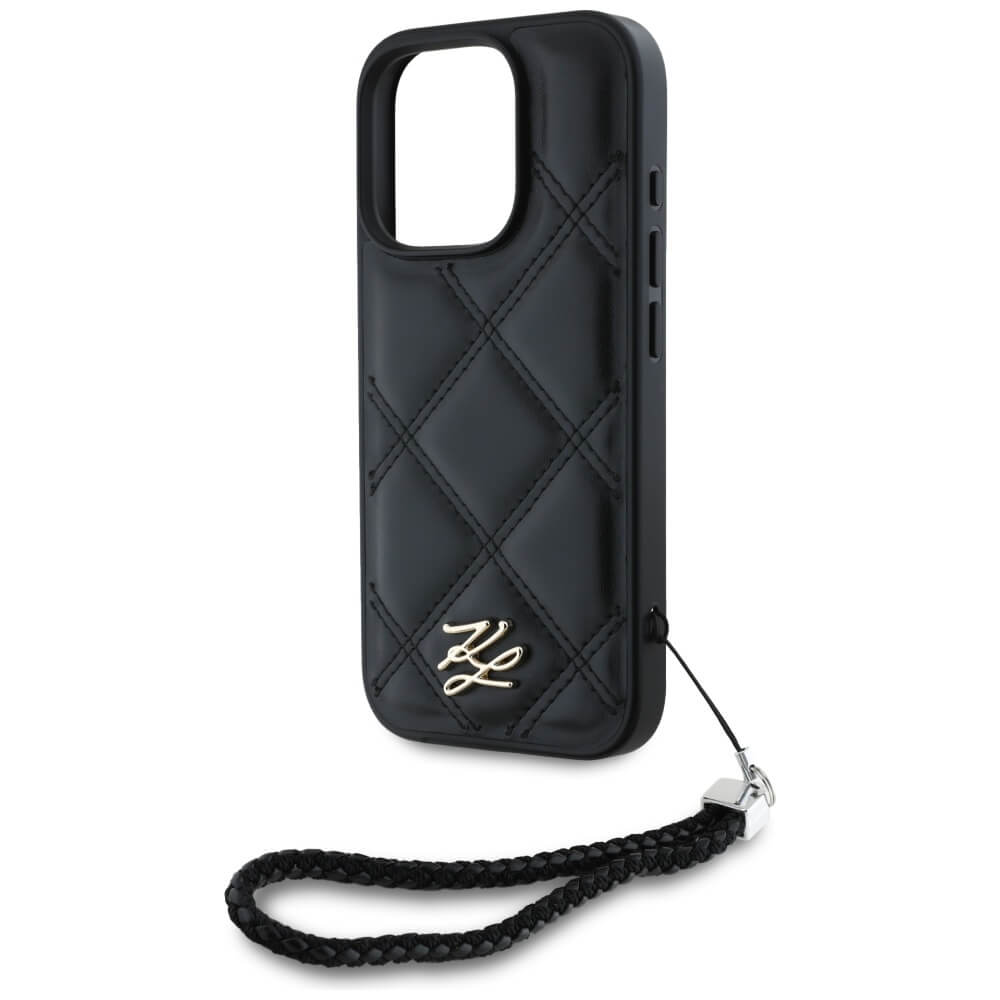 Karl Lagerfeld iPhone 16 Pro Max - Quilted Initial Logo and Chain Strap - Θήκη με Επένδυση Συνθετικού Δέρματος και Λουράκι - Black - KLHCP16XPSQSKLSMSK