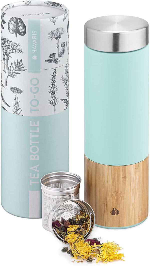 Navaris Tea Bottle Μπουκάλι Τσαγιού από Μπαμπού και Ανοξείδωτο Ατσάλι - 500ml - Turquoise - 54268.2.37