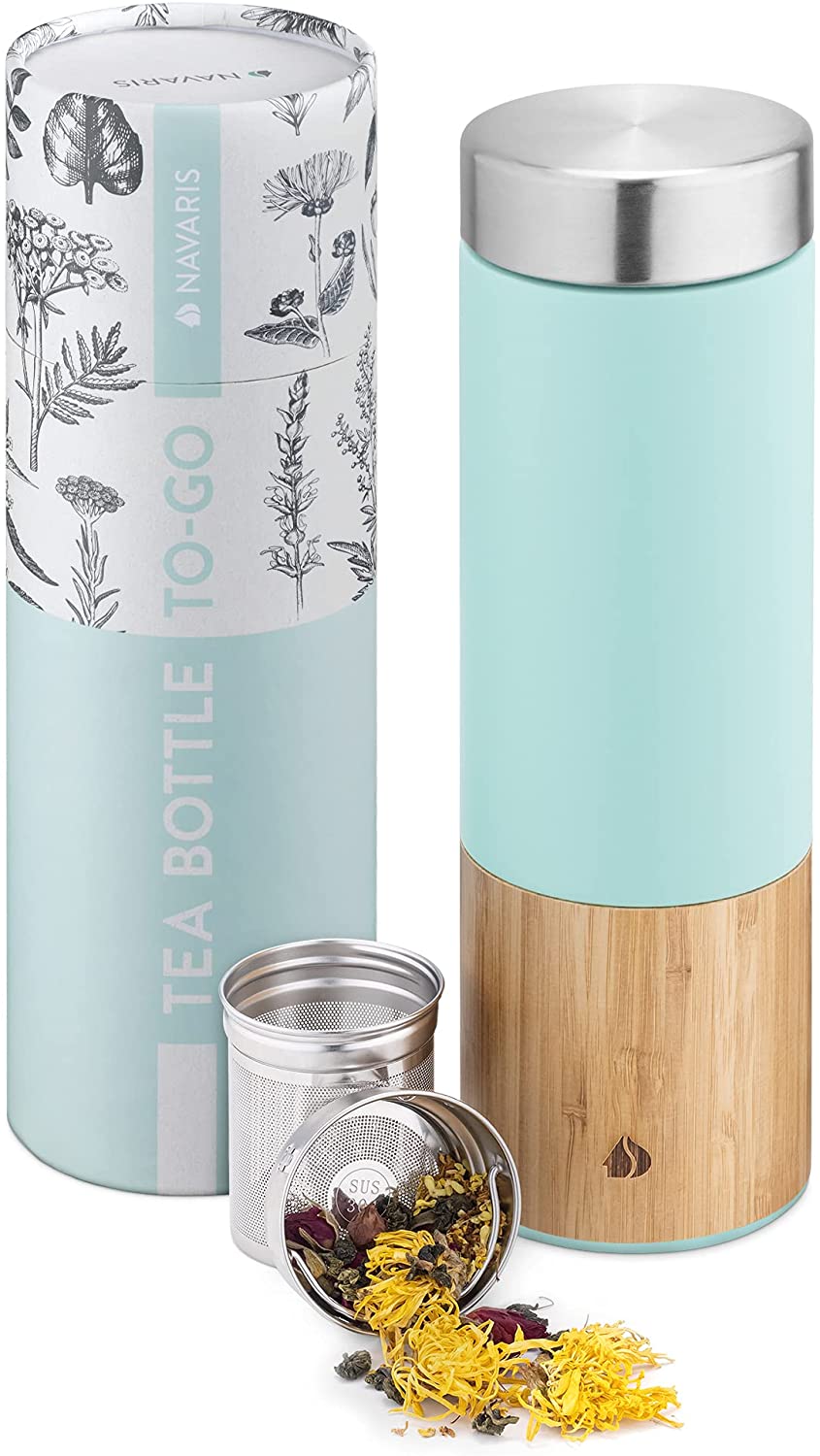 Navaris Tea Bottle Μπουκάλι Τσαγιού από Μπαμπού και Ανοξείδωτο Ατσάλι - 500ml - Turquoise - 54268.2.37