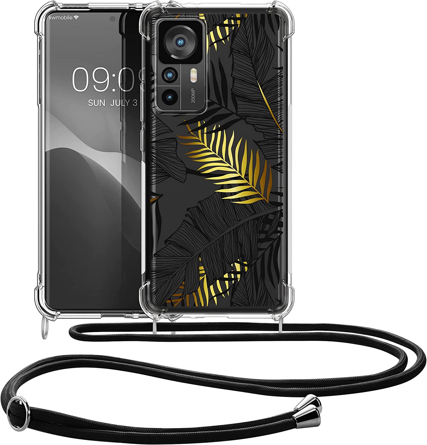 KW Xiaomi 12T / 12T Pro Θήκη Σιλικόνης TPU με Λουράκι Design Palm Leaves - Yellow / Grey / Διάφανη - 60216.02