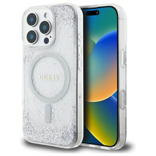 Guess iPhone 16 Pro - Resin Gradient Glitter - MagSafe Σκληρή Θήκη με Πλαίσιο Σιλικόνης - Silver - GUHMP16LRGRGES