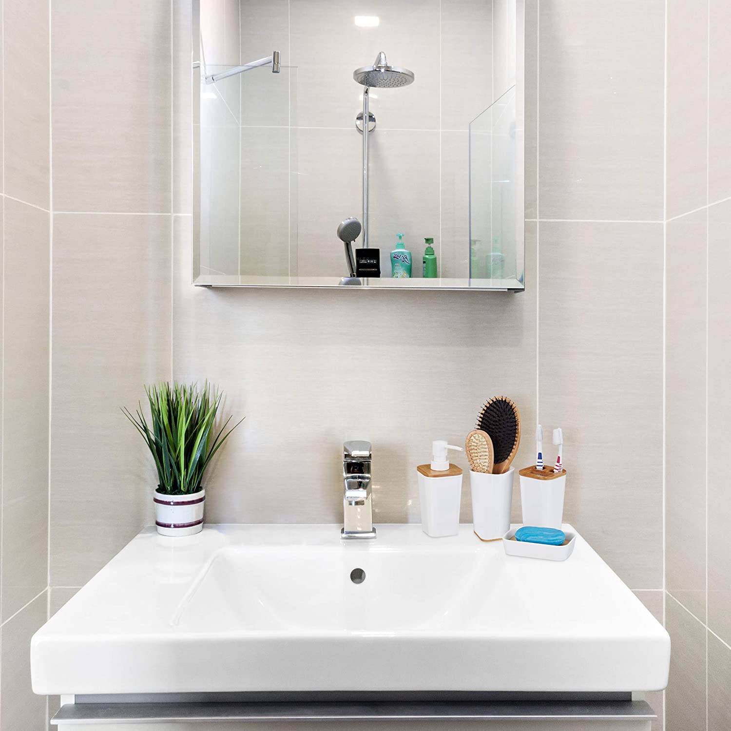 Relaxdays Ξύλινο Αξεσουάρ Μπάνιου από Bamboo - White - 4052025261290