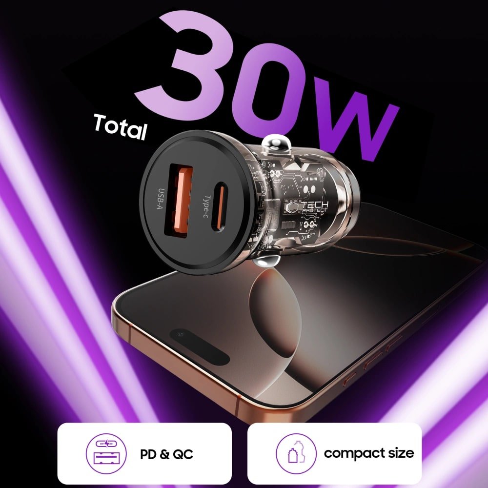 Tech - Protect CC01 PD30W Φορτιστής Αυτοκινήτου Γρήγορης Φόρτισης με 1 Θύρα Type - C και 1 Θύρα USB - Black