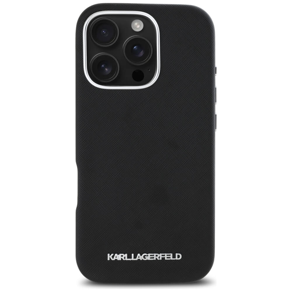 Karl Lagerfeld iPhone 16 Pro - Saffiano Full Wrapped Elongated Metal Logo - MagSafe Σκληρή Θήκη με Επένδυση Συνθετικού Δέρματος και Πλαίσιο Σιλικόνης - Black - KLHMP16LPSAFWMCK
