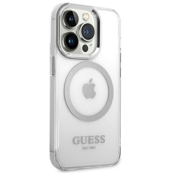 Guess iPhone 14 Pro Max Metal Outline MagSafe Σκληρή Θήκη με Πλαίσιο Σιλικόνης και MagSafe - Silver / Clear - GUHMP14XHTRMS