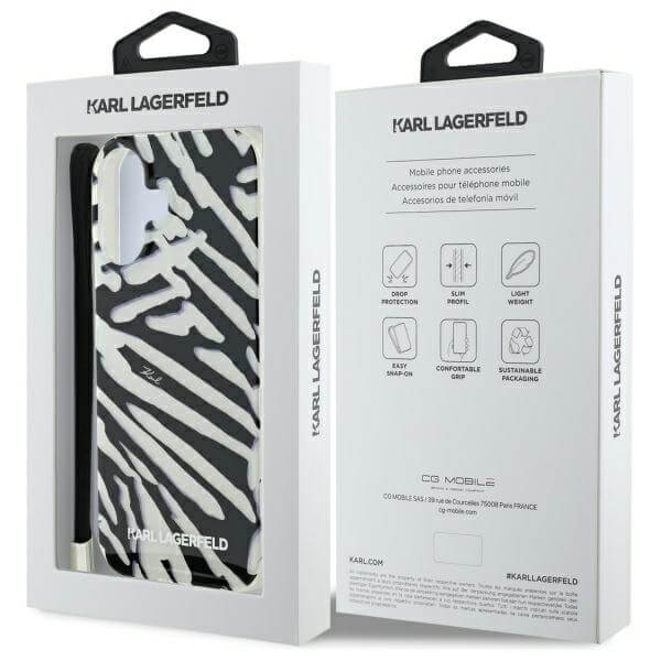 Karl Lagerfeld iPhone 16 - IML Zebra Pattern and Cord - Σκληρή Θήκη με Πλαίσιο Σιλικόνης και Λουράκι - Black - KLHCP16SHZBPKCCK