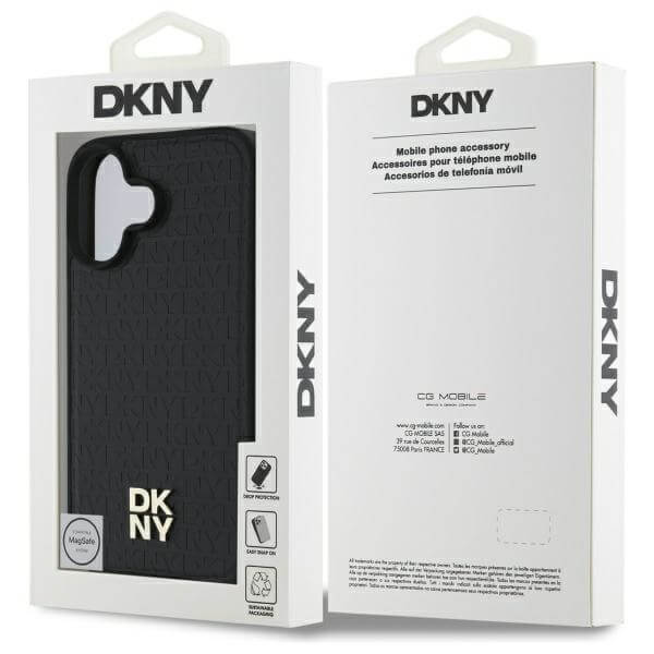 DKNY iPhone 16 - Repeat Pattern Stack Logo MagSafe - Σκληρή Θήκη με Επένδυση Συνθετικού Δέρματος - Black