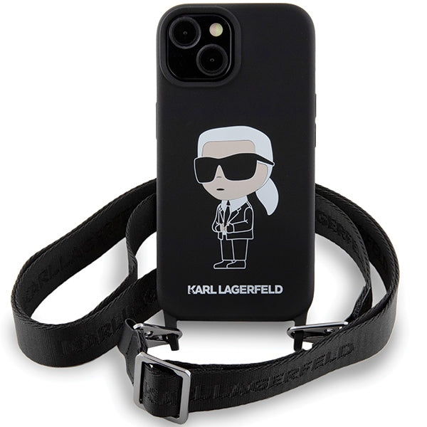 Karl Lagerfeld iPhone 15 Crossbody Silicone Ikonik Σκληρή Θήκη με Πλαίσιο Σιλικόνης και Λουράκι - Black - KLHCP15SSCBSKNK