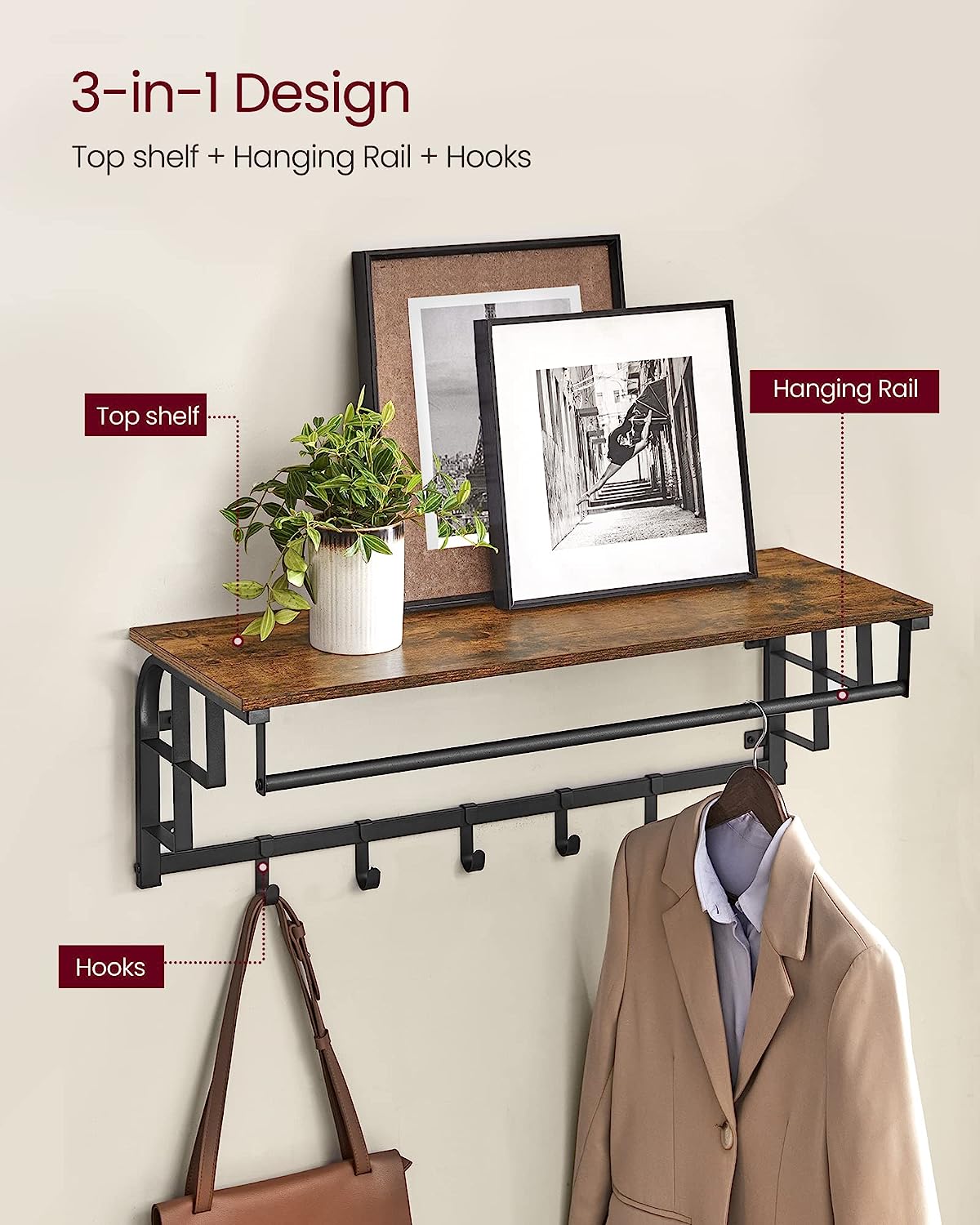 Vasagle Επιτοίχια Κρεμάστρα με Ράβδο και με 5 Αφαιρούμενους Γάντζους - ‎30 x 80 x 27cm - Rustic Brown / Black - LCR102B01
