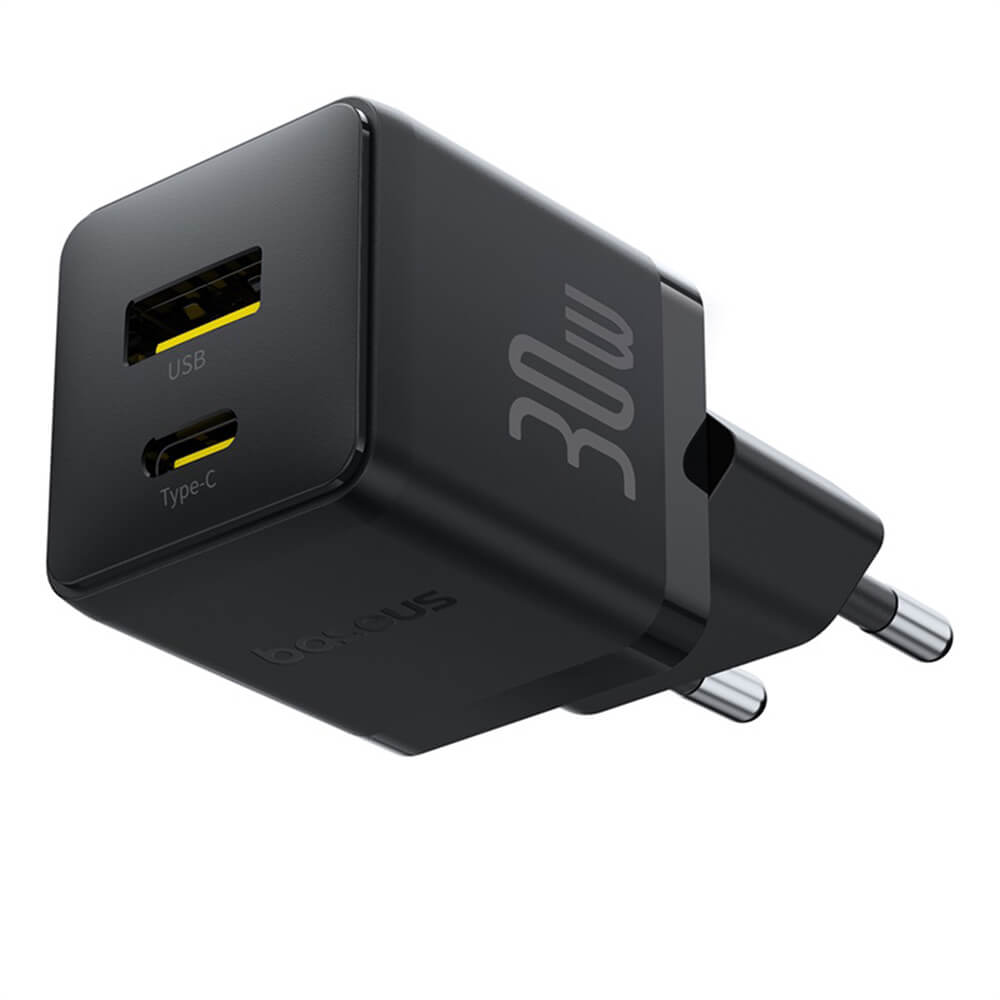 Baseus Palm Οικιακός Φορτιστής Γρήγορης Φόρτισης 30W με 1 Θύρα Type - C και 1 Θύρα USB και Καλώδιο Type - C to Type - C - Cluster Black