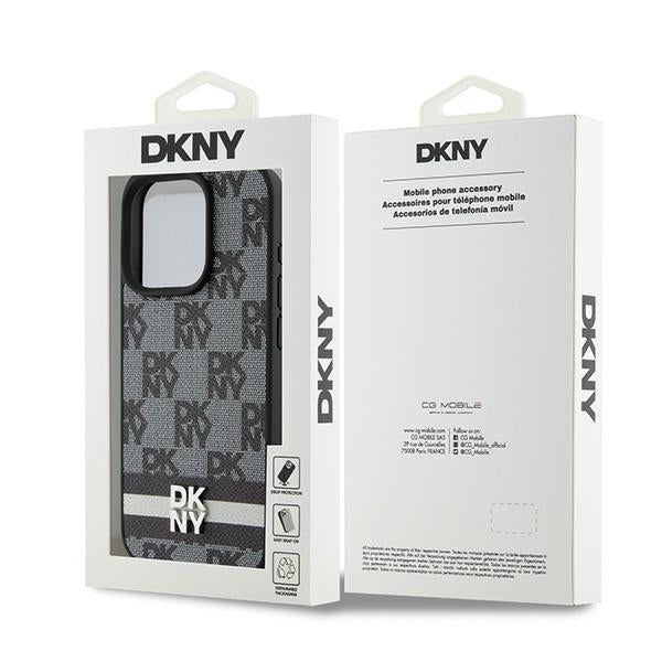 DKNY iPhone 15 Pro Max - Leather Checkered Mono Pattern and Printed Stripes - Σκληρή Θήκη με Επένδυση Συνθετικού Δέρματος - Black