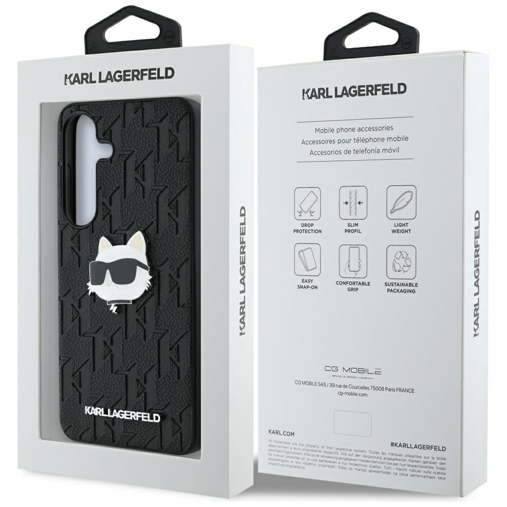 Karl Lagerfeld Samsung Galaxy S25 Plus - Monogram Choupette Head Pin - Σκληρή Θήκη με Επένδυση Συνθετικού Δέρματος - Black - KLHCS25MPGKLCHPK