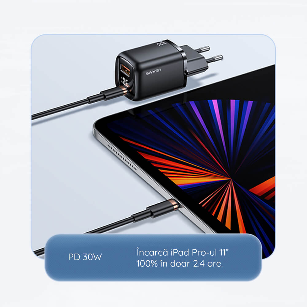 Usams Travel Charger Kit 33W Οικιακός Φορτιστής με 1 Θύρα Type-C και 1 Θύρα USB και καλώδιο Type-C to Lightning 20W - Black - UDTZ01