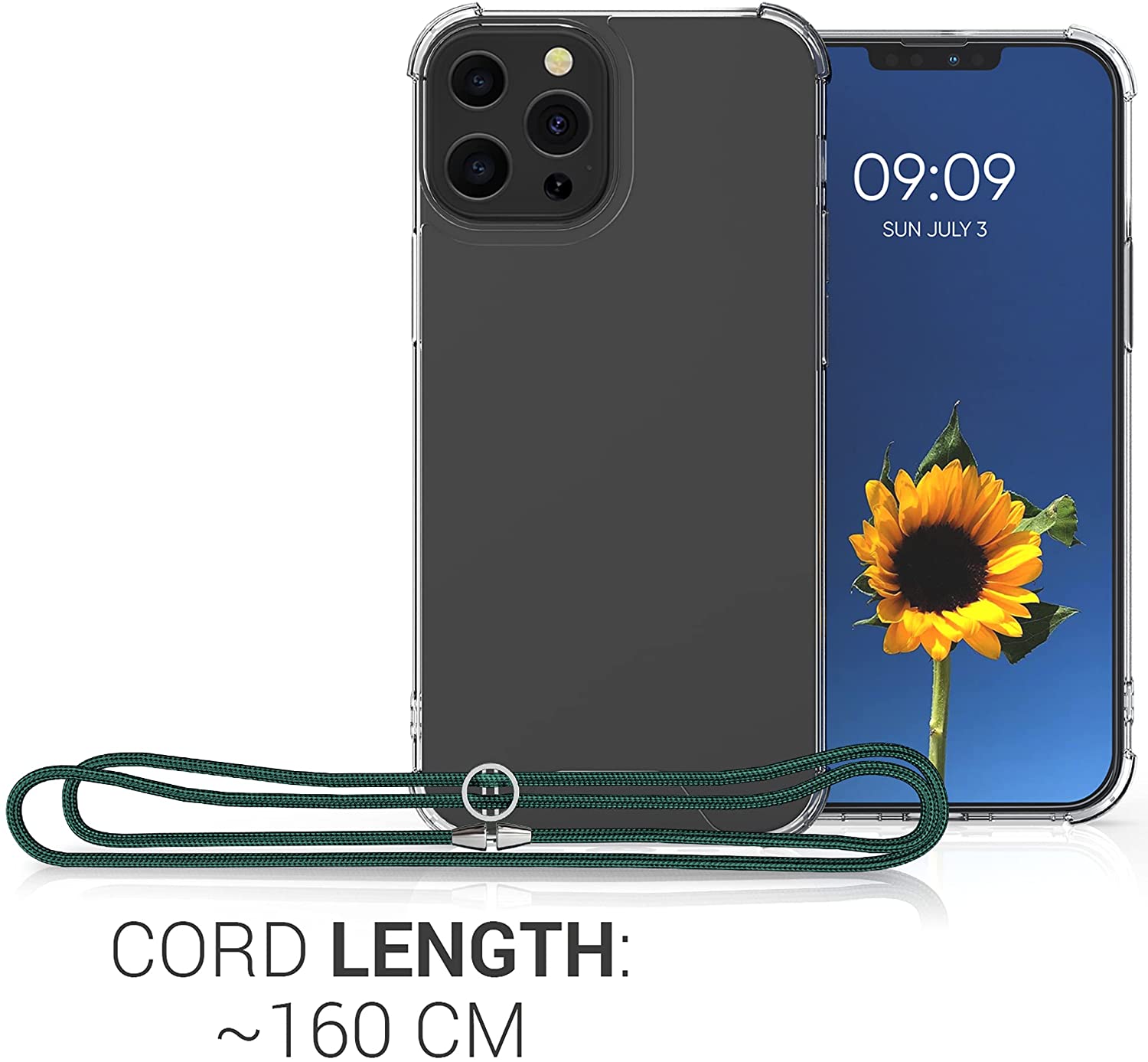 KW iPhone 13 Pro Θήκη Σιλικόνης TPU με Λουράκι - Διάφανη / Dark Green - 55963.80