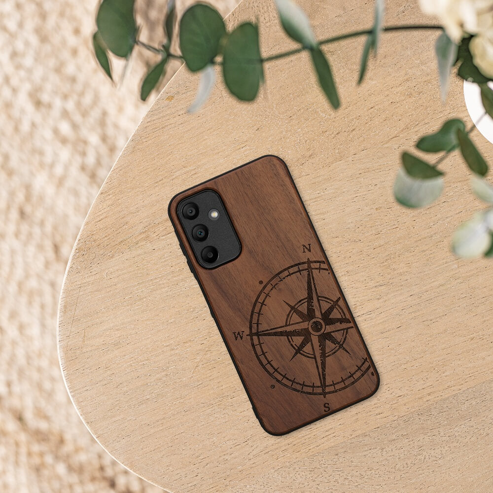 KW Samsung Galaxy A15 4G / A15 5G Θήκη από Φυσικό Ξύλο - Design Compass Vintage - Dark Brown