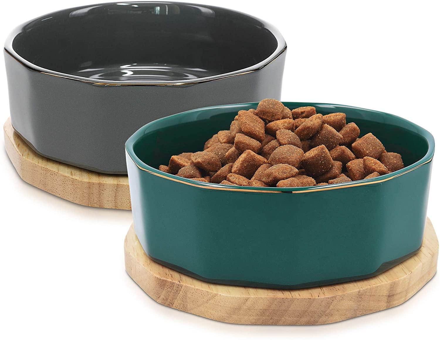Navaris Ceramic Dog Bowls with Wood Underlay - Σετ με 2 Μπολ Φαγητού και Νερού με Βάση από Ξύλο Βελανιδιάς και Κεραμικό για Κατοικίδια - Dark Green / Gray - 50946.80