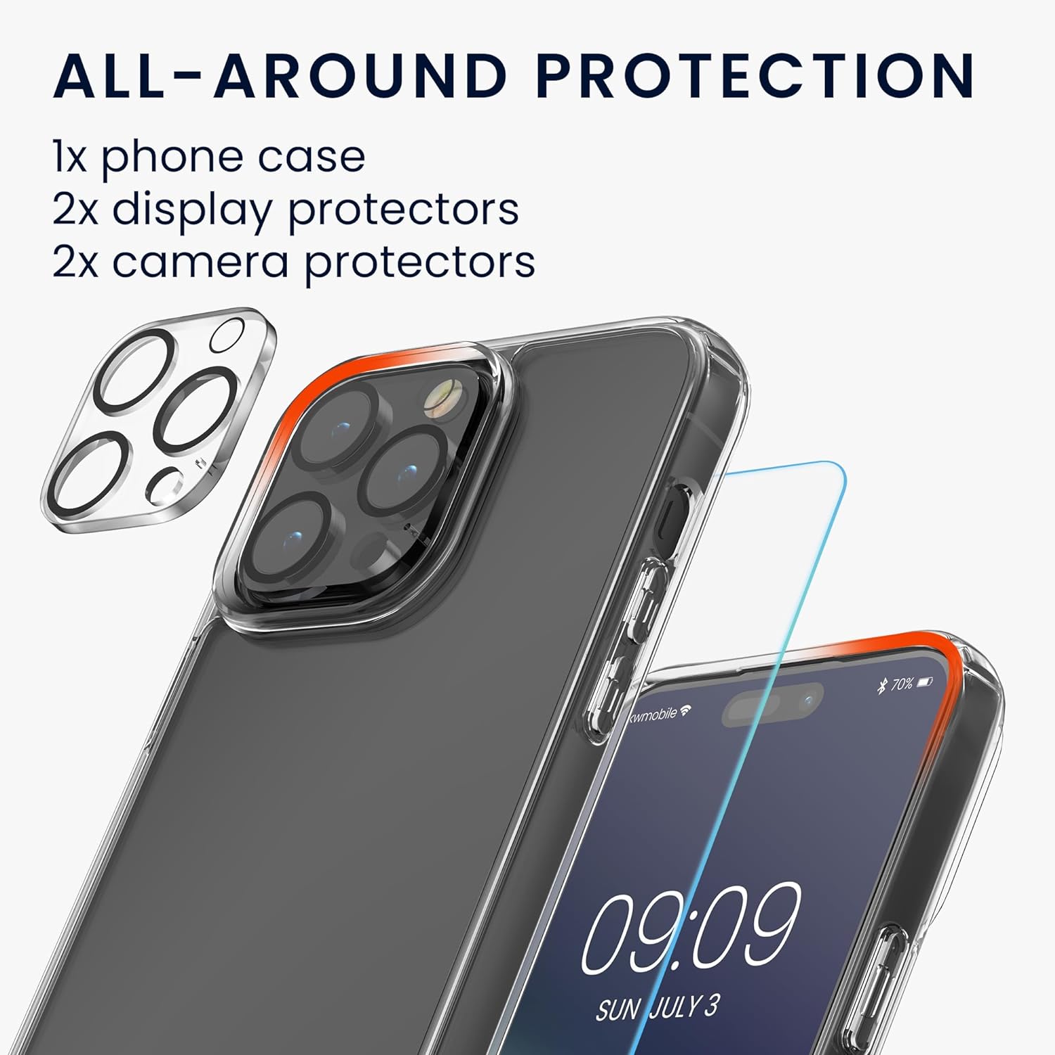 KW iPhone 15 Pro Σετ με 1 Θήκη, 2 Αντιχαρακτικά Γυαλιά Οθόνης και 2 Αντιχαρακτικά Γυαλιά για την Κάμερα - Διάφανα - 62027.03