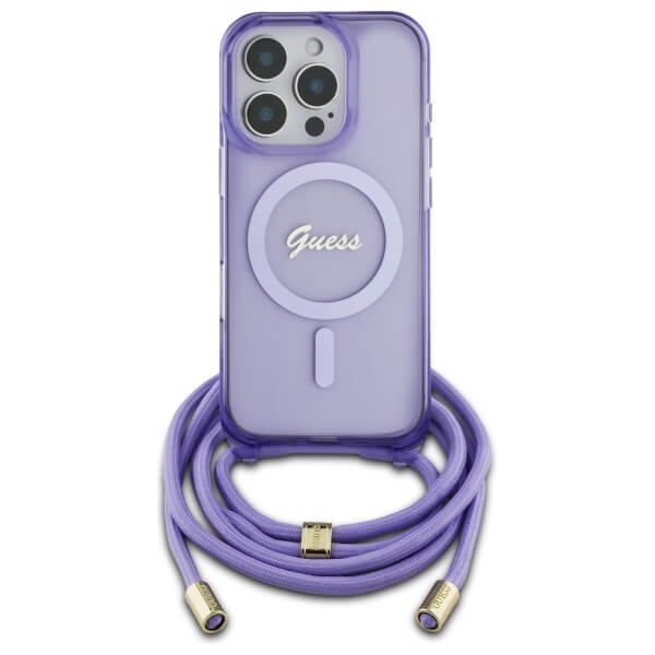 Guess iPhone 16 Pro - Crossbody Cord Script MagSafe - Σκληρή Θήκη με Πλαίσιο Σιλικόνης και Λουράκι - Purple - GUHMP16LHCTSGNSU