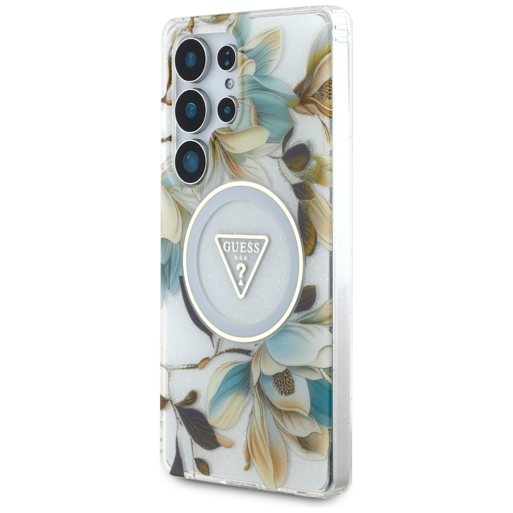 Guess Samsung Galaxy S25 Ultra - Glitter Flowers Triangle Buttons MagSafe - Σκληρή Θήκη με Πλαίσιο Σιλικόνης - White - GUHMS25LHFLPEDH