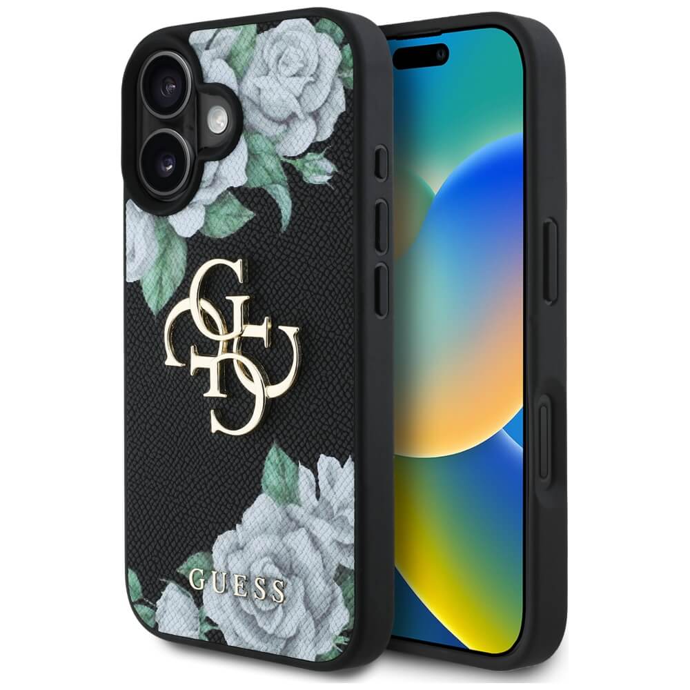 Guess iPhone 16 - Grained Roses Big 4G Logo - Σκληρή Θήκη με Επένδυση από Οικολογικό Δέρμα - Black - GUHCP16SPGROP4MK