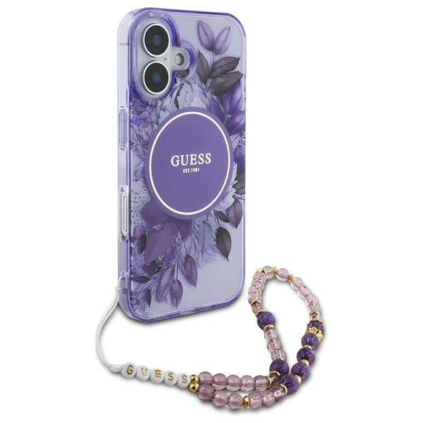 Guess iPhone 16 - IML Flowers With Pearl Strap MagSafe - Σκληρή Θήκη με Πλαίσιο Σιλικόνης και Λουράκι - Purple - GUHMP16SHFWBRCESU