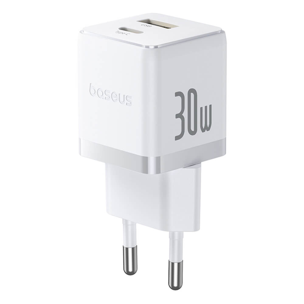 Baseus Palm Οικιακός Φορτιστής Γρήγορης Φόρτισης 30W με 1 Θύρα Type - C και 1 Θύρα USB και Καλώδιο Type - C to Type - C - Moon White