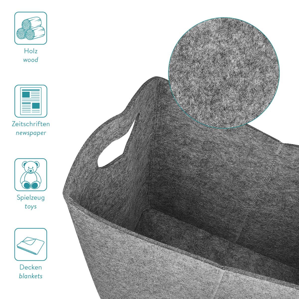 Navaris Felt Firewood Basket Καλάθι Μεταφοράς Ξύλων - Περιοδικών - Τακτοποίησης - 40 x 23 x 39.5 cm - Grey - 45832.19