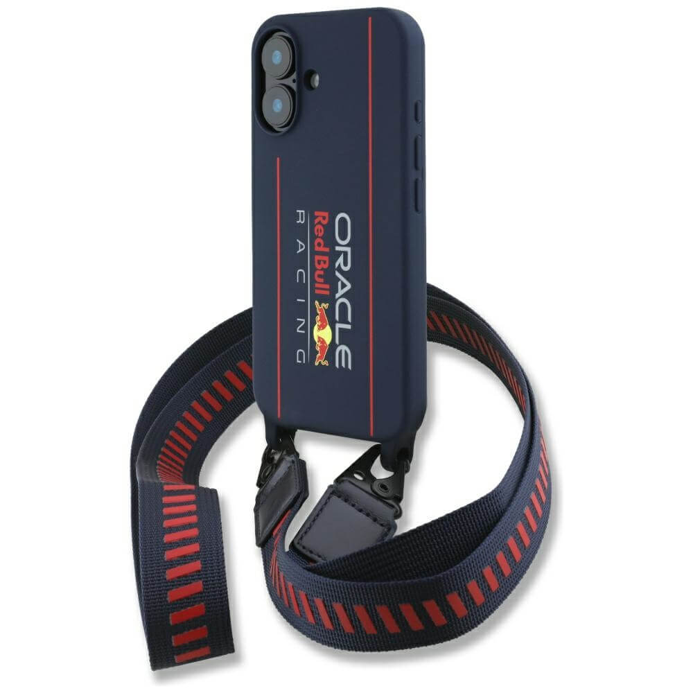 Red Bull iPhone 16 - Silicone Strap and Vertical Logo - MagSafe Σκληρή Θήκη με Πλαίσιο Σιλικόνης και Λουράκι - Navy Blue - RBHMP16S24SISOLRV