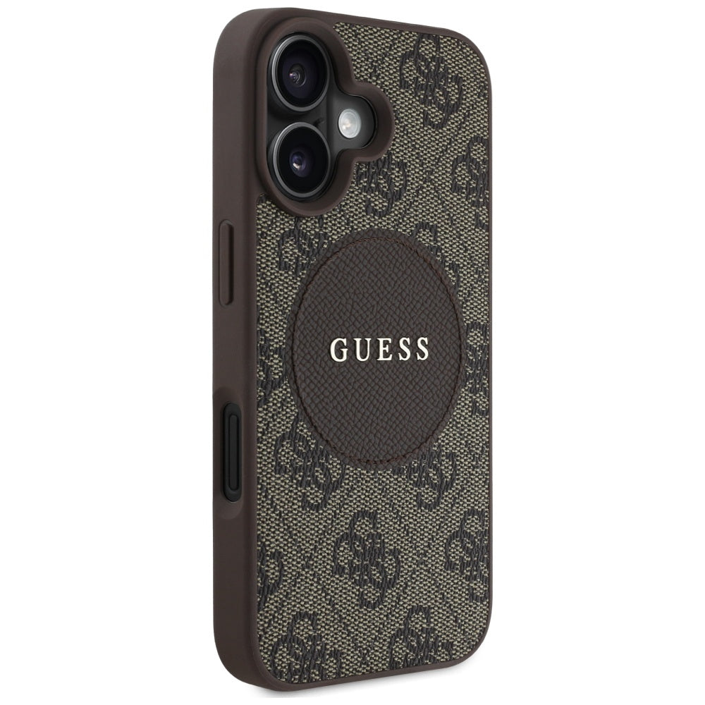Guess iPhone 16 - 4G Circle Classic Logo - MagSafe Θήκη με Επένδυση Συνθετικού Δέρματος - Brown - GUHMP16SP4PGRSGW
