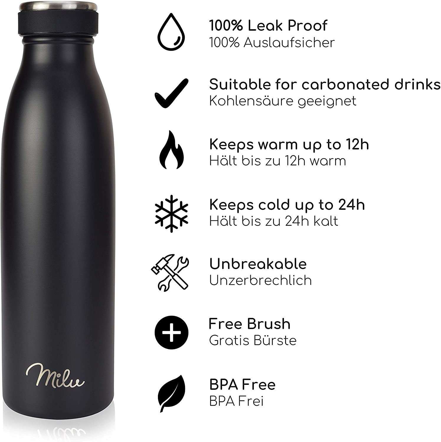 Milu T5 Stainless Steel Μπουκάλι Θερμός από Ανοξείδωτο Ατσάλι για Ζεστά και Κρύα Ροφήματα - 500ml - Black Matt - 6413