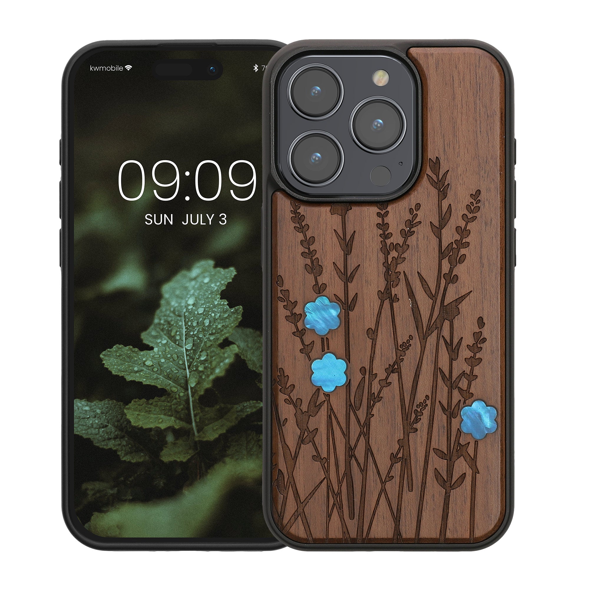 KW iPhone 15 Pro Θήκη από Φυσικό Ξύλο - Design Wild Flowers Pearl - Dark Brown