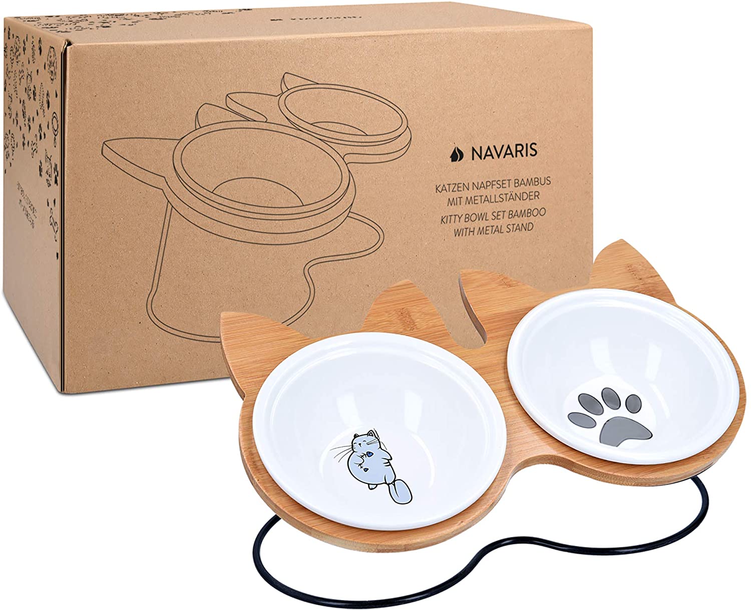 Navaris Ceramic Cat Bowls with Wood Stands - Σετ με 2 Μπολ Φαγητού και Νερού 383ml με Βάση από Μπαμπού και Μέταλλο για Κατοικίδια - Brown - 51991.01