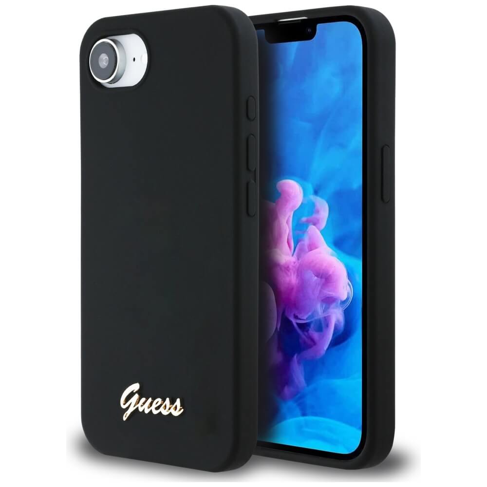 Guess iPhone 16e - Silicone Script Metal Logo - MagSafe Σκληρή Θήκη με Πλαίσιο Σιλικόνης - Black - GUHMPSE4SMBSLK