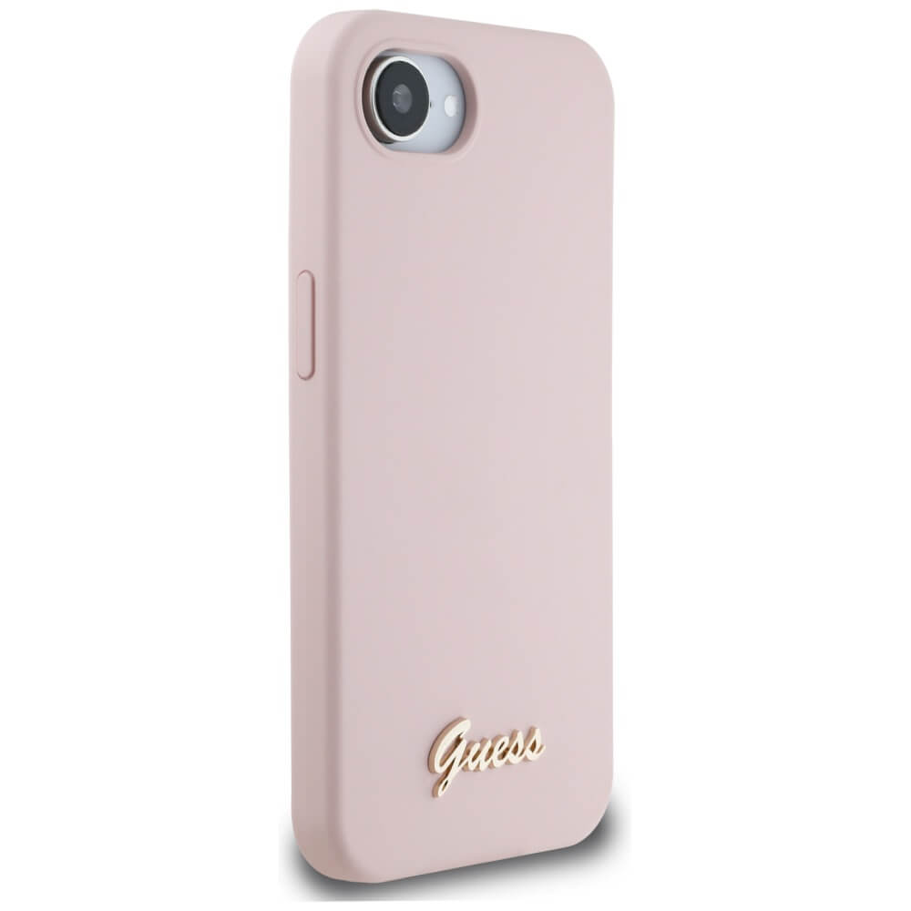 Guess iPhone 16e - Silicone Script Metal Logo - MagSafe Σκληρή Θήκη με Πλαίσιο Σιλικόνης - Pink - GUHMPSE4SMBSLP
