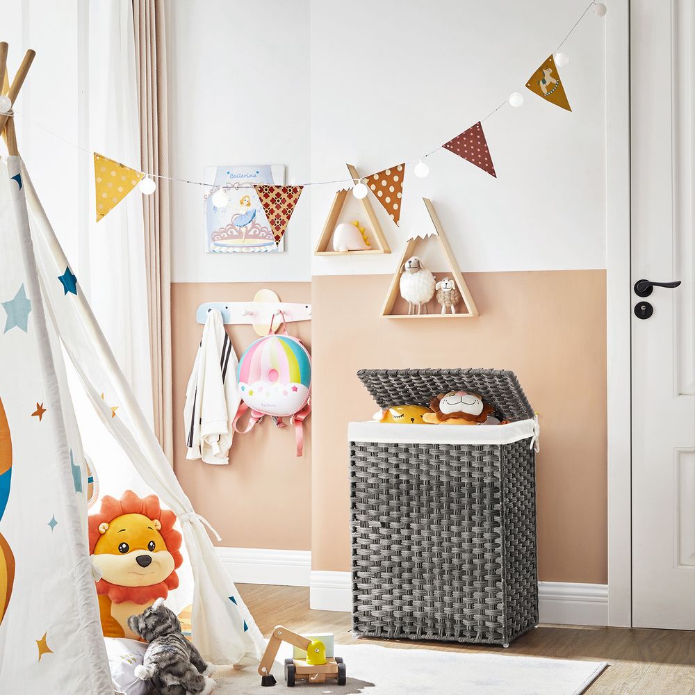 Songmics Χειροποίητο Καλάθι Απλύτων από Συνθετικό Rattan με Καπάκι - 90 L - Grey - LCB51WG