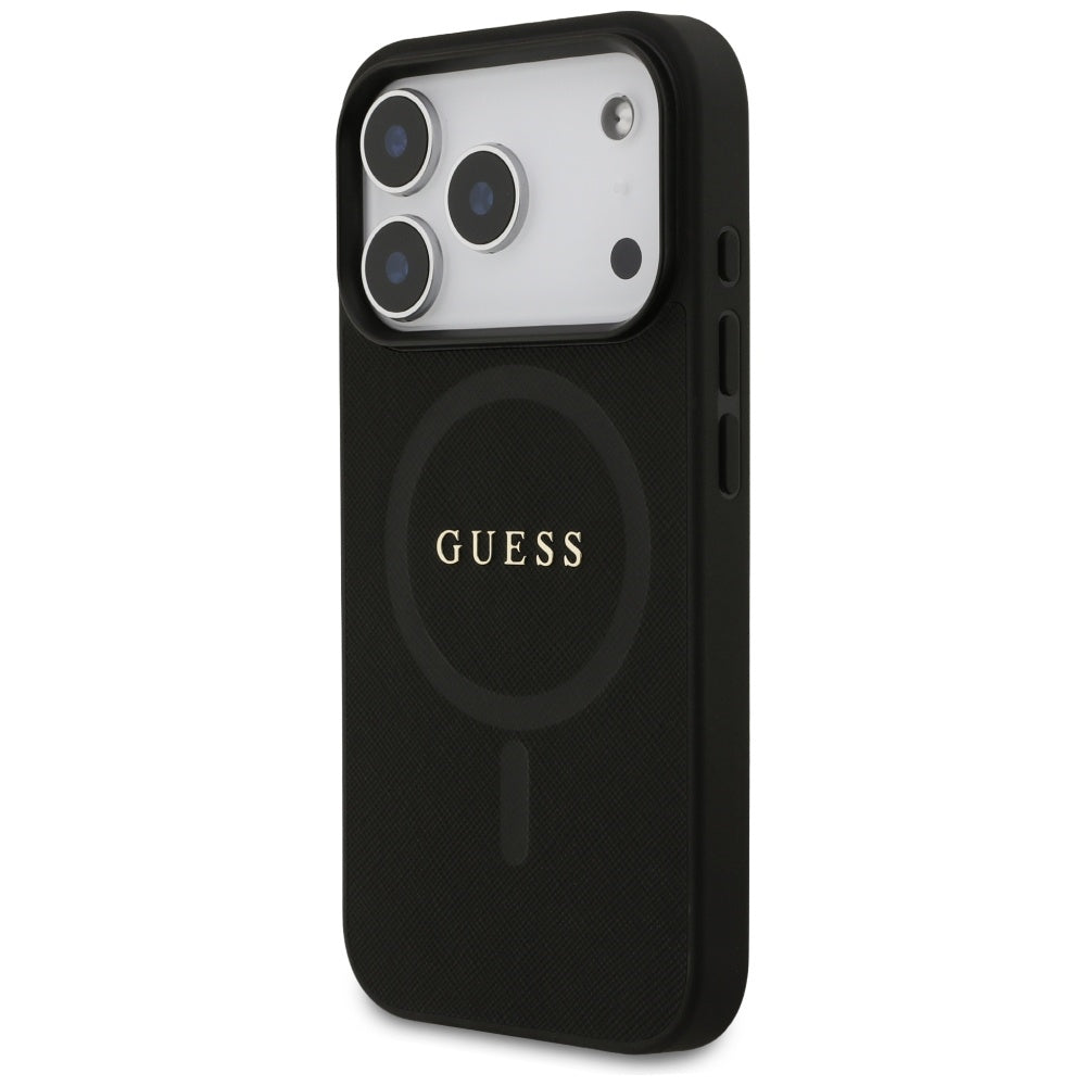 Guess iPhone 17 Pro - Saffiano Classic Logo MagSafe - Σκληρή Θήκη με Πλαίσιο Σιλικόνης και Επένδυση Οικολογικού Δέρματος - Black - GUHMP17LPSAHMCK