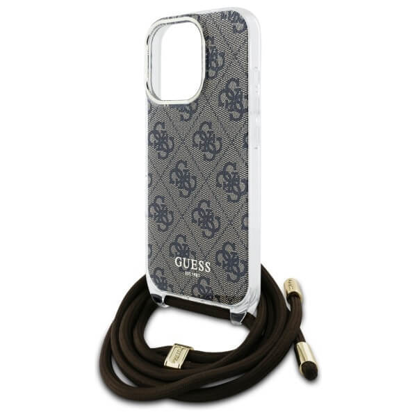 Guess iPhone 16 Pro - Crossbody Cord 4G Print - Σκληρή Θήκη με Πλαίσιο Σιλικόνης και Λουράκι - Brown - GUHCP16LHC4SEW