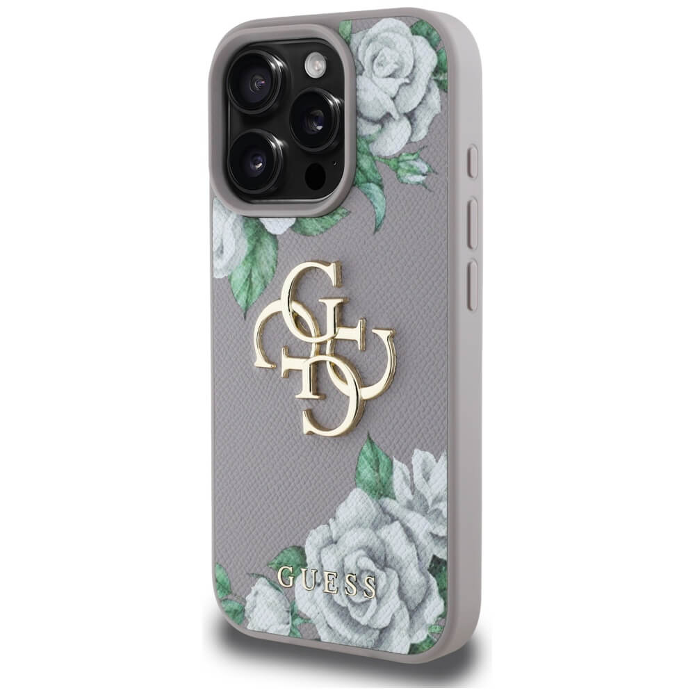 Guess iPhone 16 Pro - Grained Roses Big 4G Logo - Σκληρή Θήκη με Επένδυση από Οικολογικό Δέρμα - Purple - GUHCP16LPGROP4MU