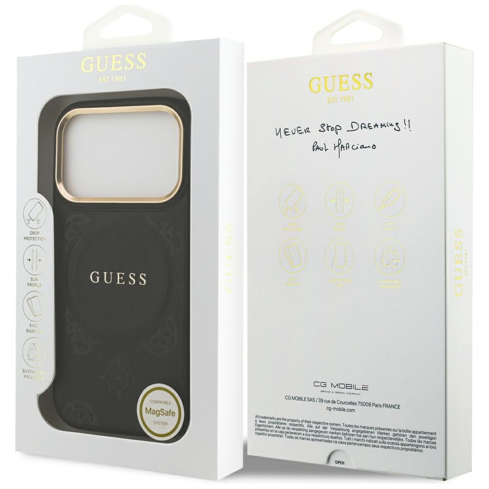 Guess iPhone 17 Pro - Peony Hot Stamp MagSafe - Σκληρή Θήκη με Επένδυση Συνθετικού Δέρματος - Black - GUHMP17LPSAMSECK